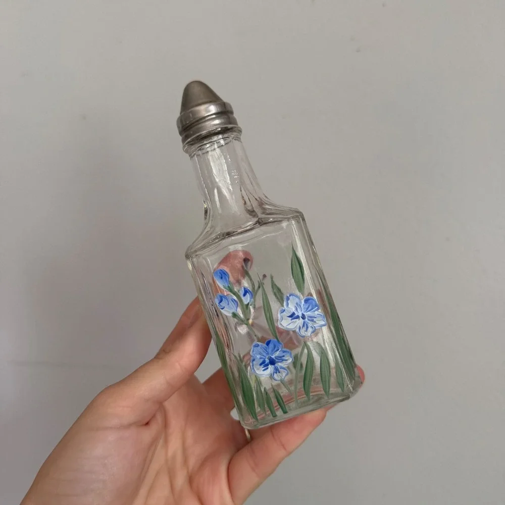 Vintage Hand Painted Floral Glass Shaker Bottle with Metal Cap 5.5 Inch
